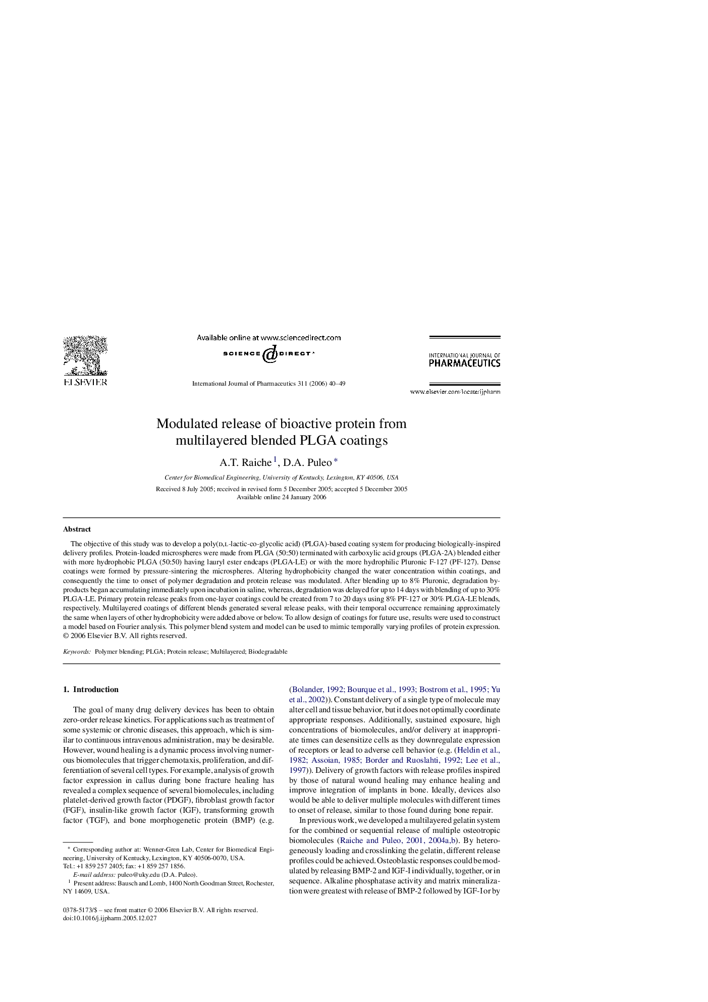 Modulated release of bioactive protein from multilayered blended PLGA coatings