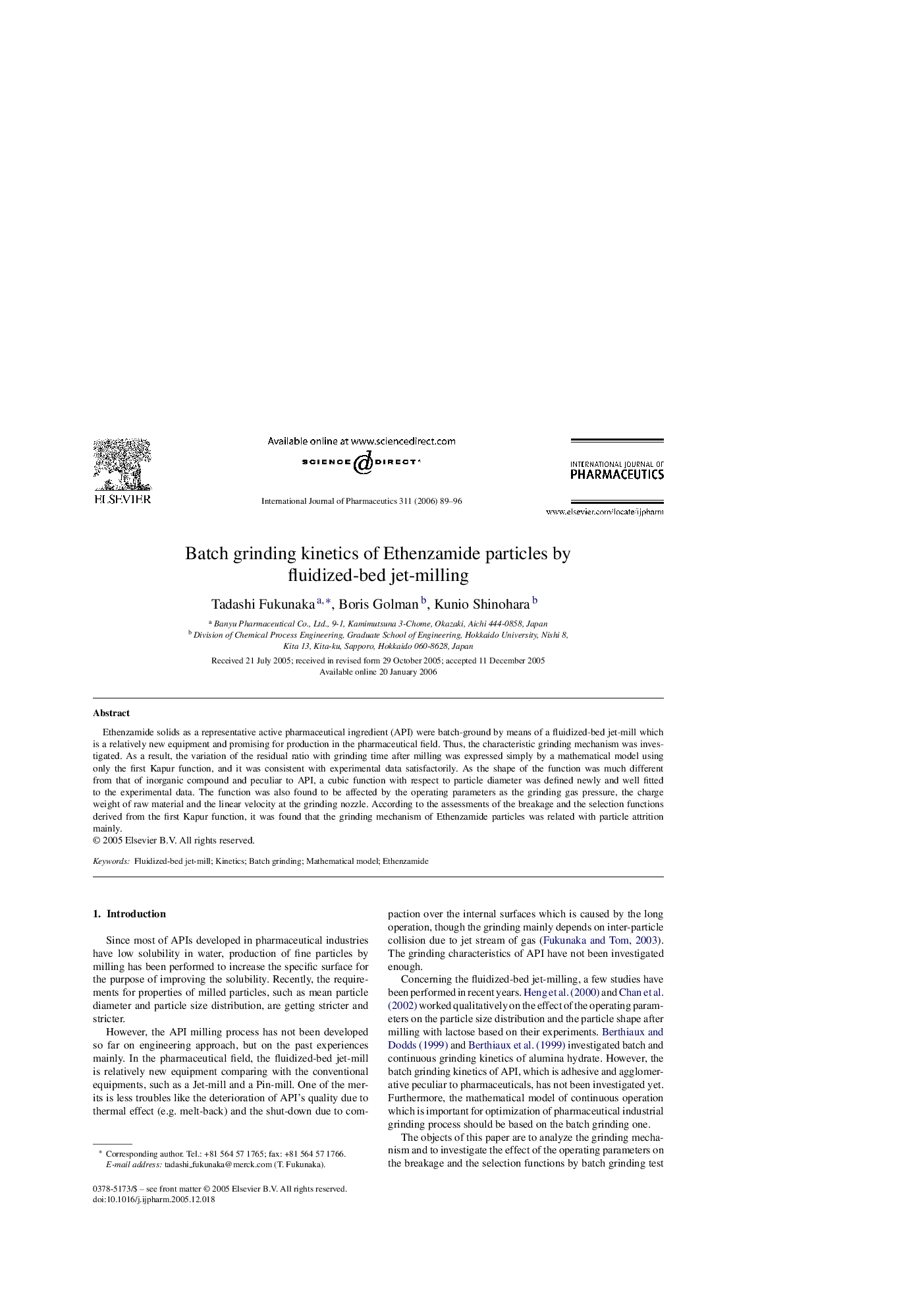 Batch grinding kinetics of Ethenzamide particles by fluidized-bed jet-milling