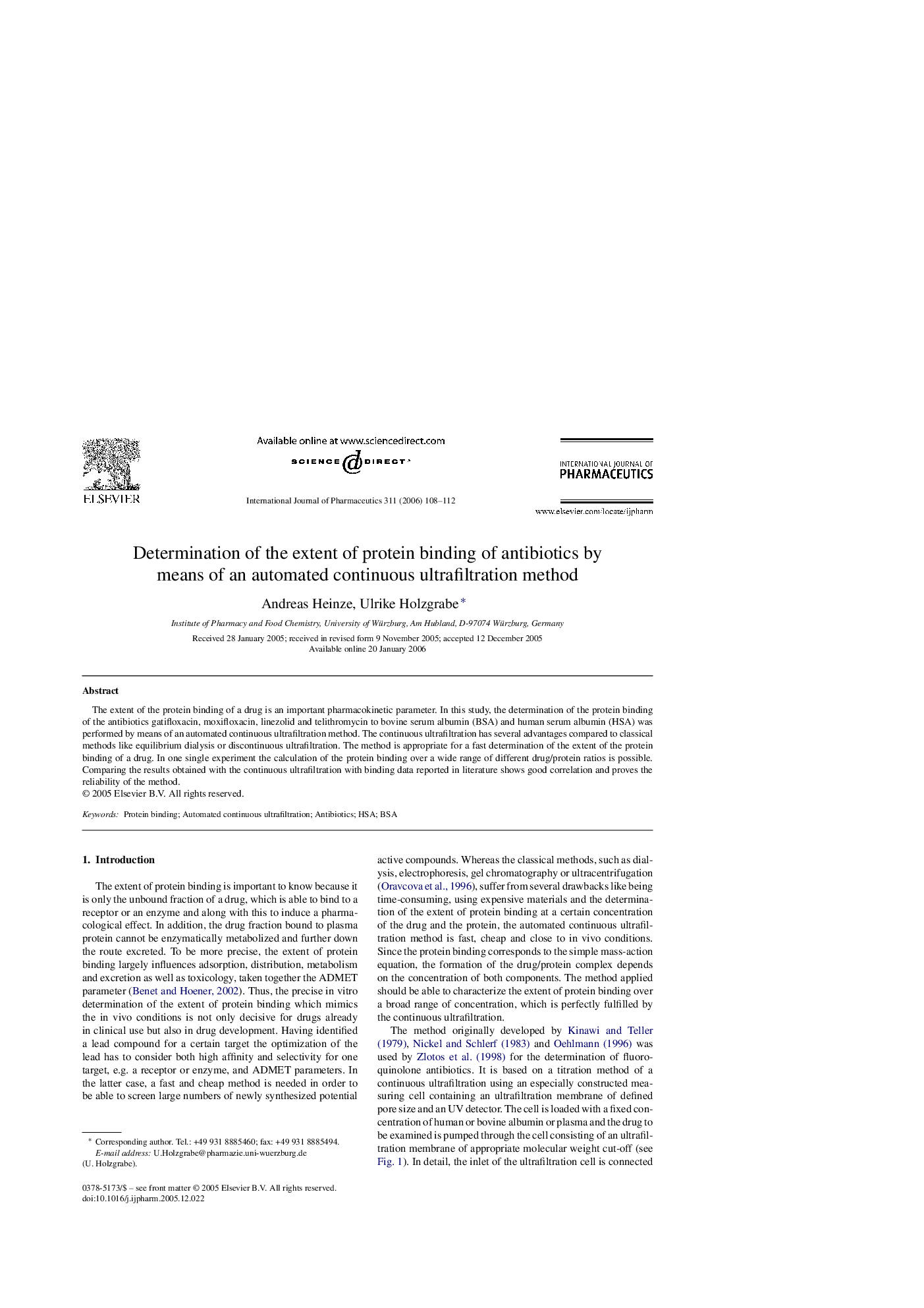 Determination of the extent of protein binding of antibiotics by means of an automated continuous ultrafiltration method