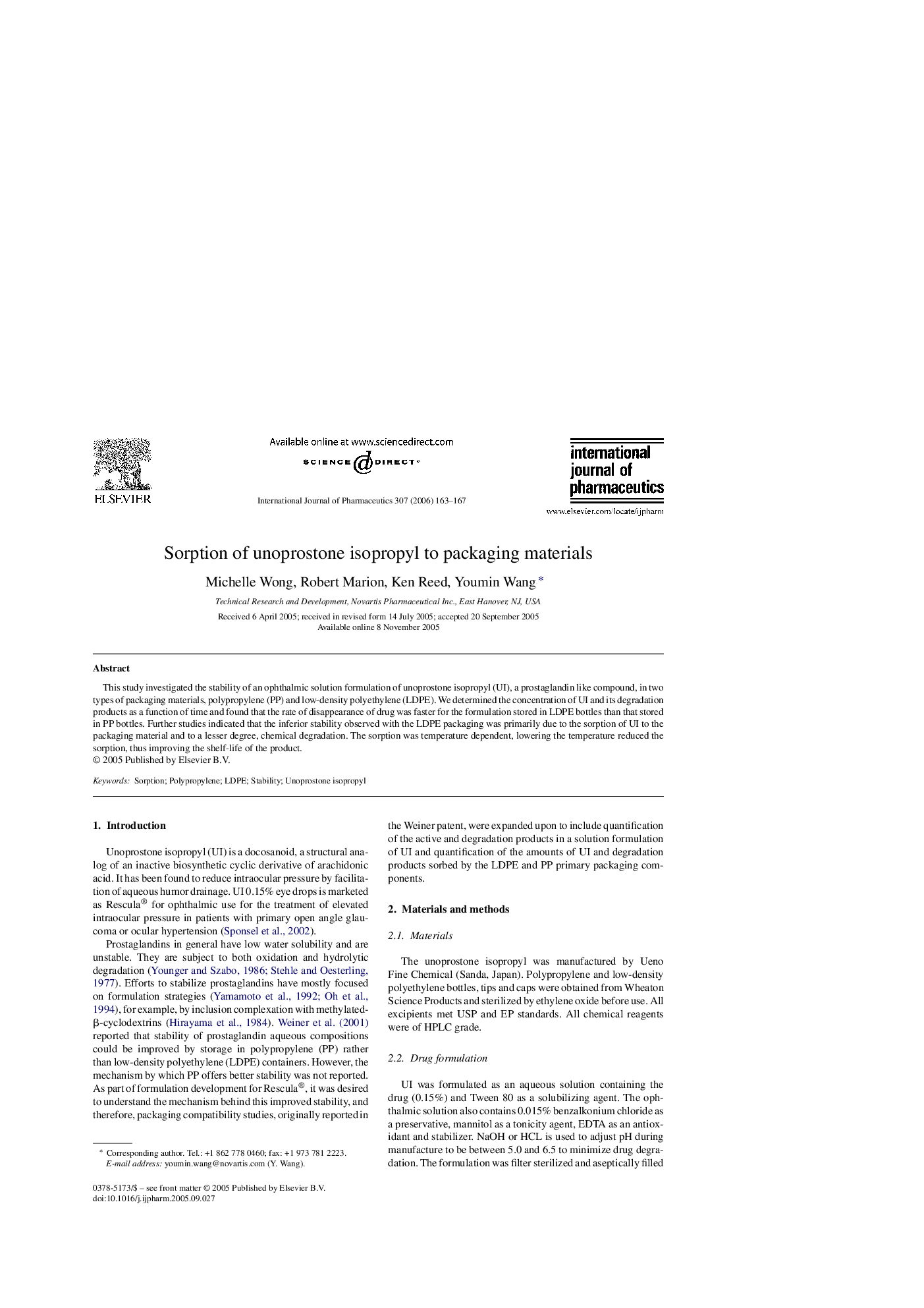 Sorption of unoprostone isopropyl to packaging materials