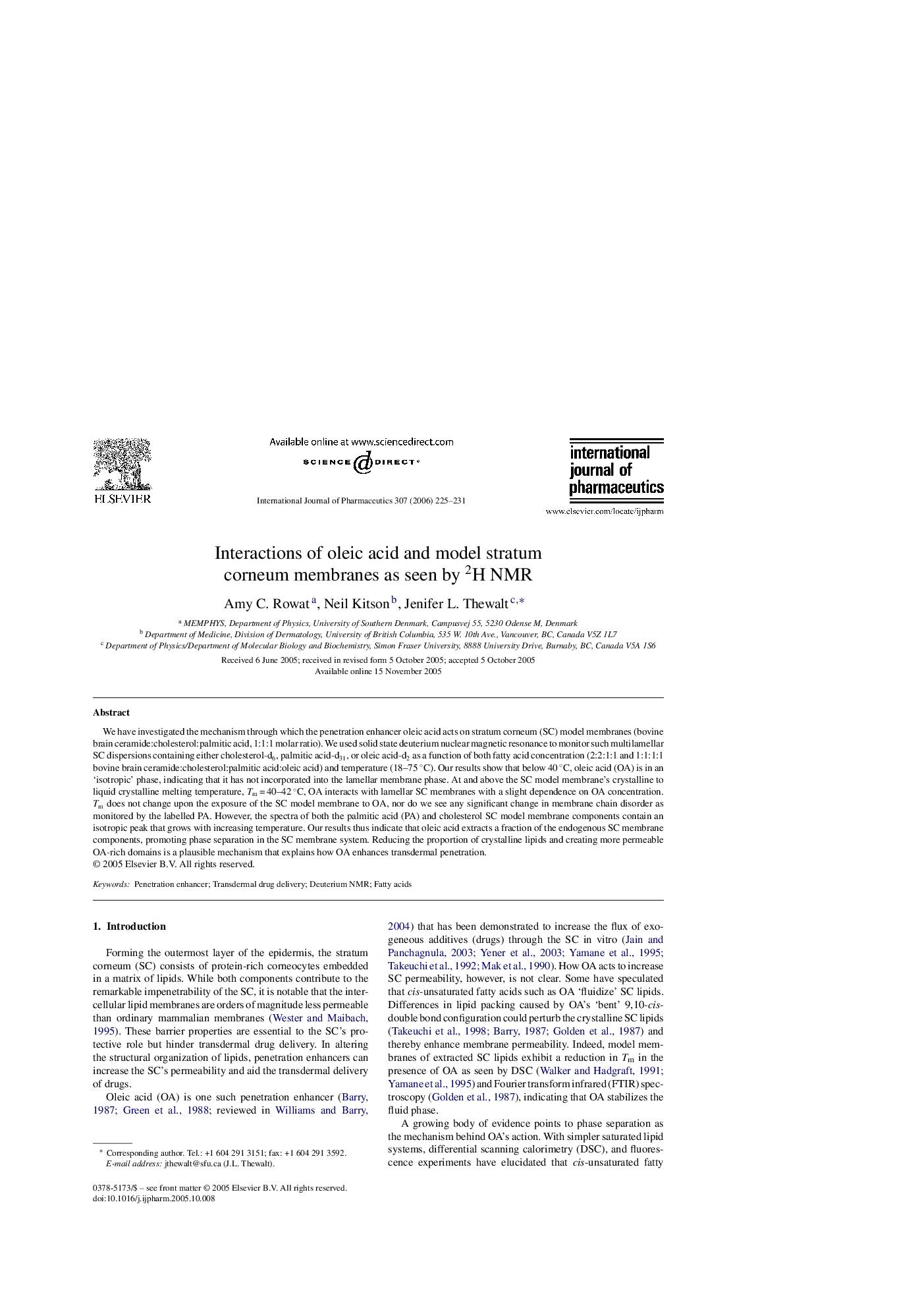 Interactions of oleic acid and model stratum corneum membranes as seen by 2H NMR