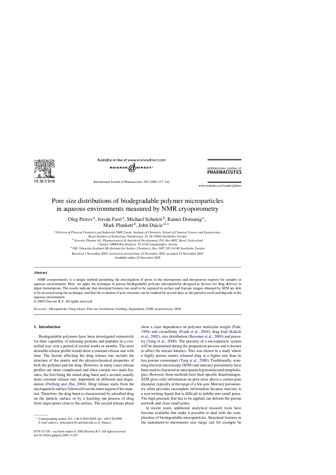 عکس صفحه اول مقاله: Pore size distributions of biodegradable polymer microparticles in aqueous environments measured by NMR cryoporometry Pore size distributions of biodegradable polymer microparticles in aqueous environments measured by NMR cryoporometry