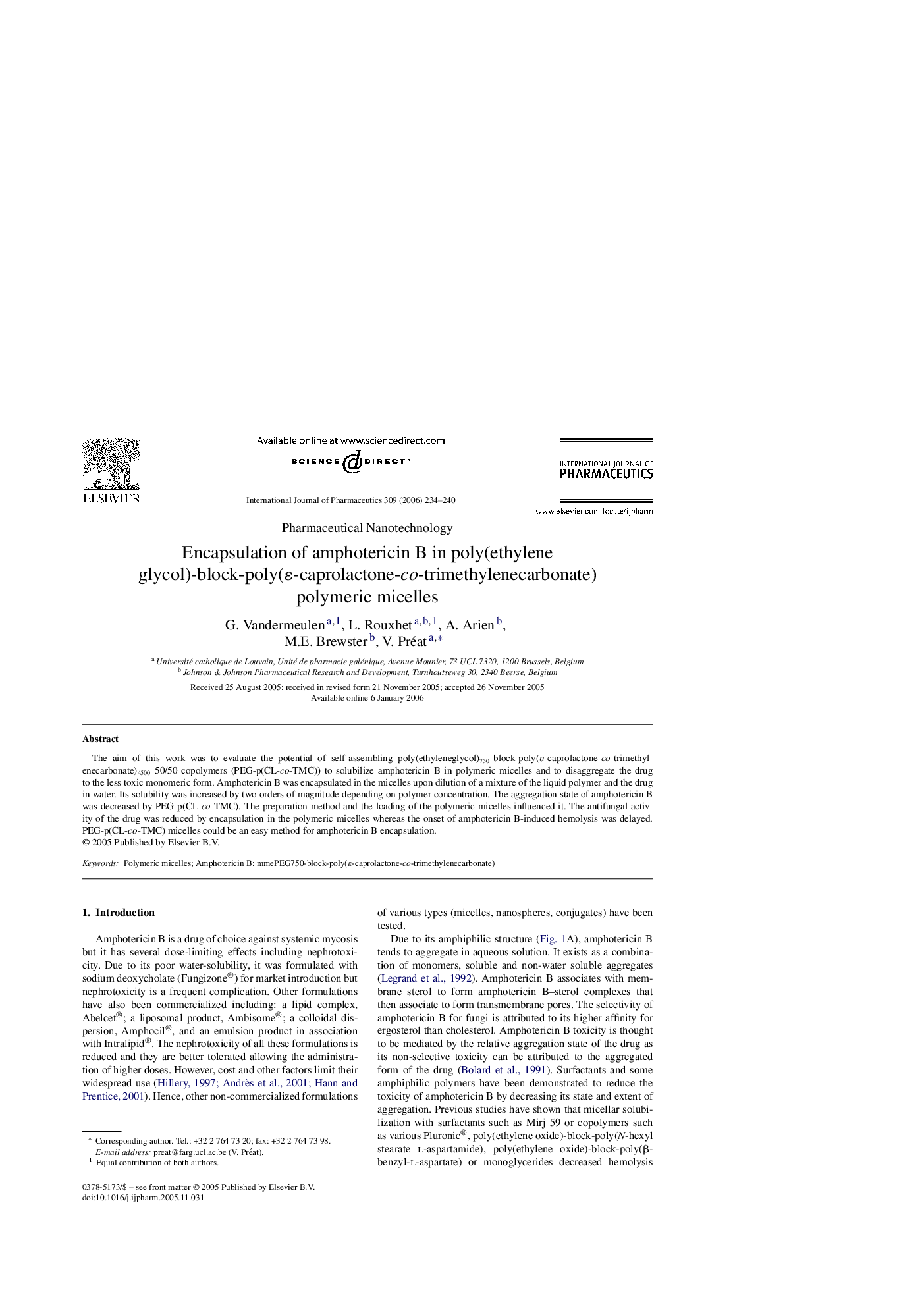 Encapsulation of amphotericin B in poly(ethylene glycol)-block-poly(ɛ-caprolactone-co-trimethylenecarbonate) polymeric micelles