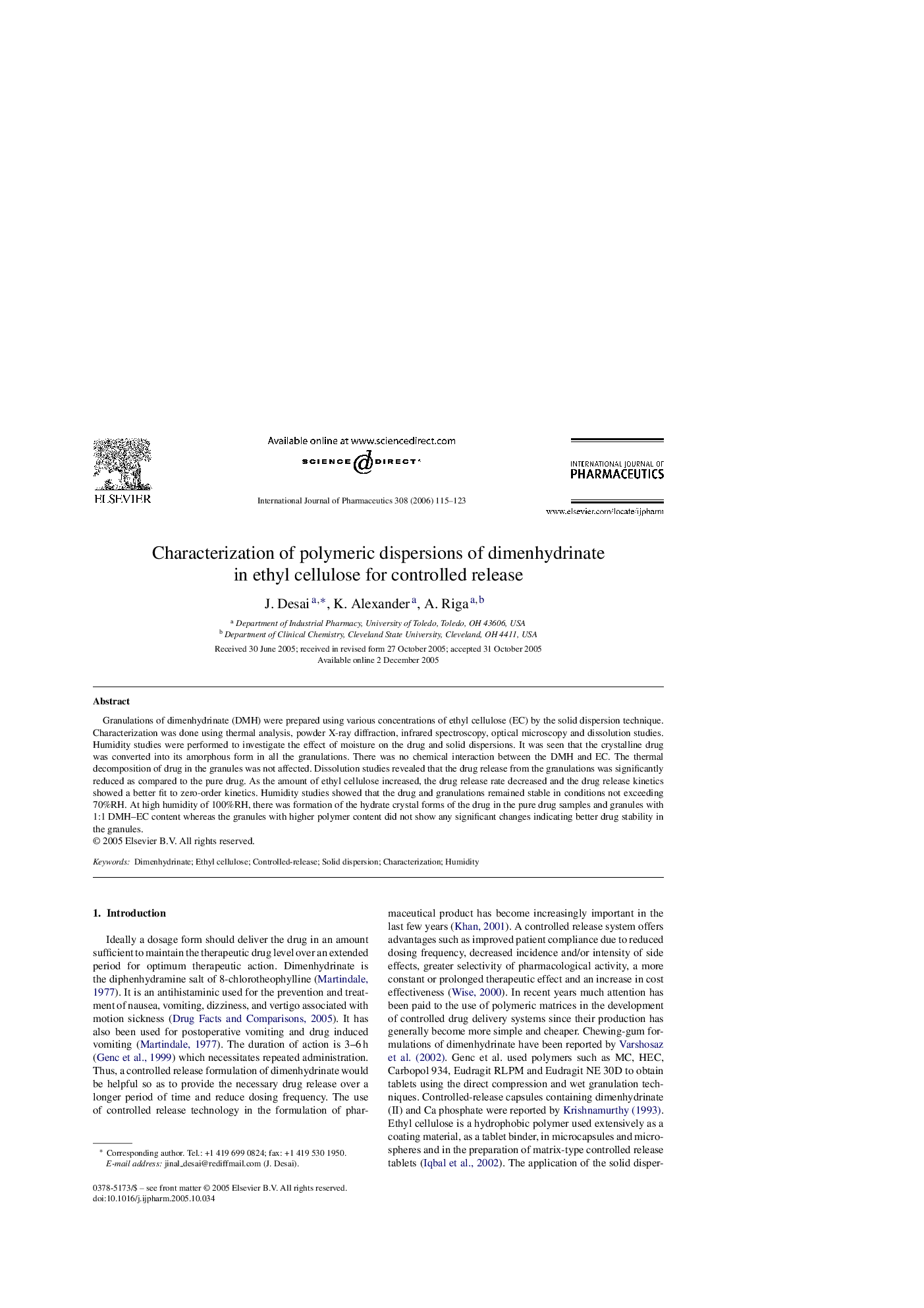 Characterization of polymeric dispersions of dimenhydrinate in ethyl cellulose for controlled release