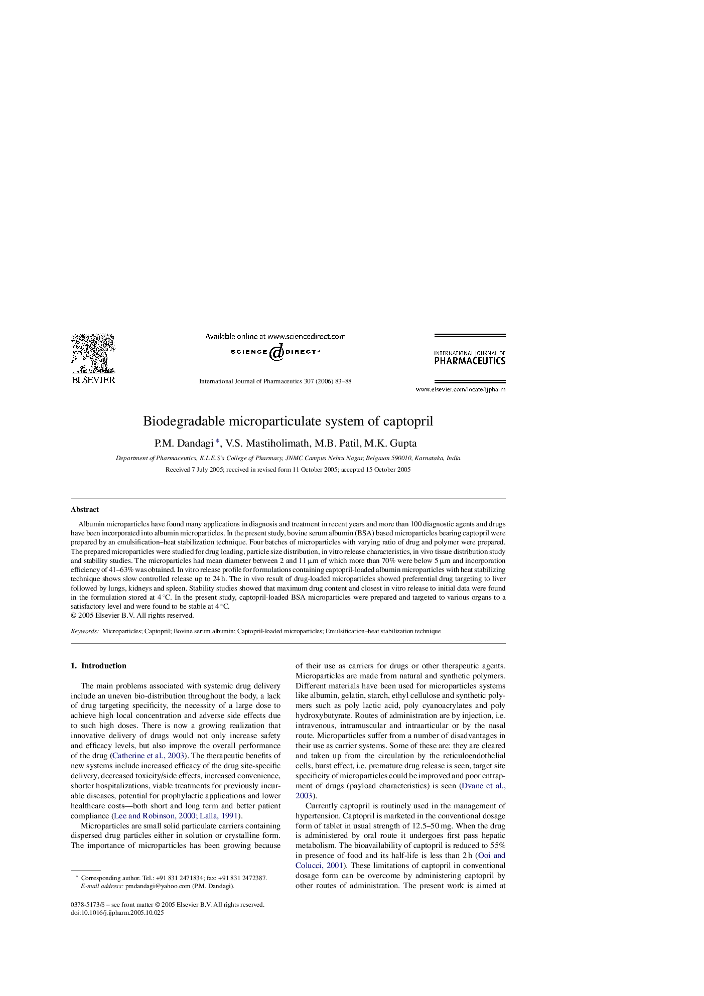 Biodegradable microparticulate system of captopril