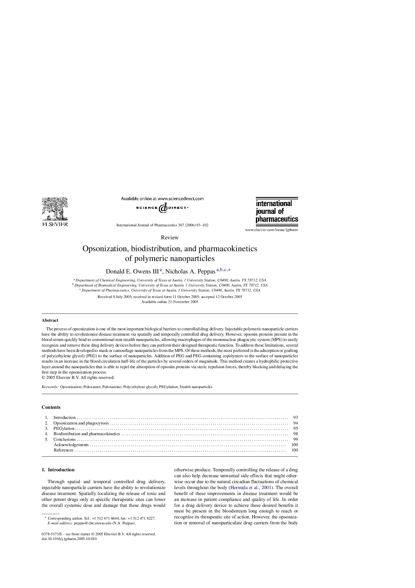 Opsonization, biodistribution, and pharmacokinetics of polymeric nanoparticles