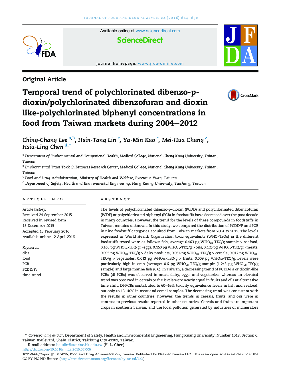 Temporal trend of polychlorinated dibenzo-p-dioxin/polychlorinated dibenzofuran and dioxin like-polychlorinated biphenyl concentrations in food from Taiwan markets during 2004–2012