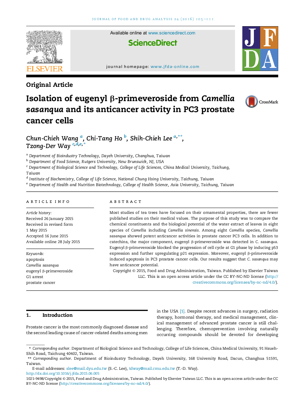 Isolation of eugenyl β-primeveroside from Camellia sasanqua and its anticancer activity in PC3 prostate cancer cells