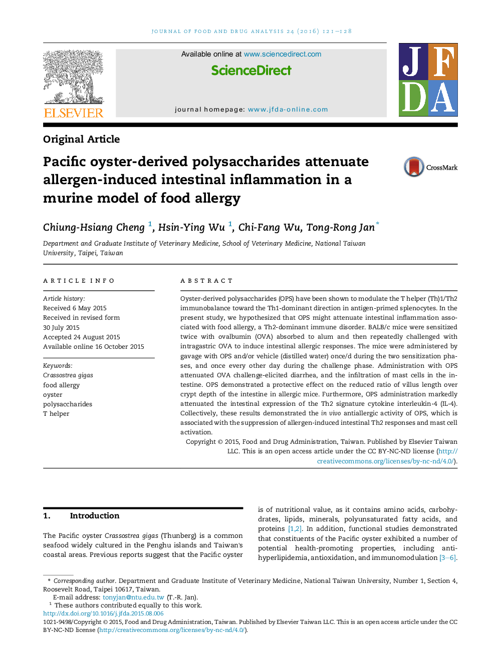 Pacific oyster-derived polysaccharides attenuate allergen-induced intestinal inflammation in a murine model of food allergy