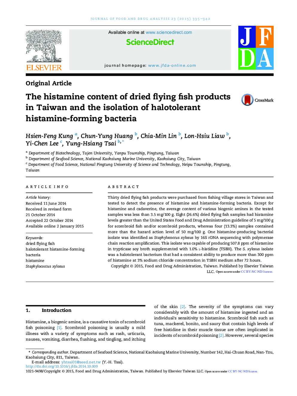 The histamine content of dried flying fish products in Taiwan and the isolation of halotolerant histamine-forming bacteria