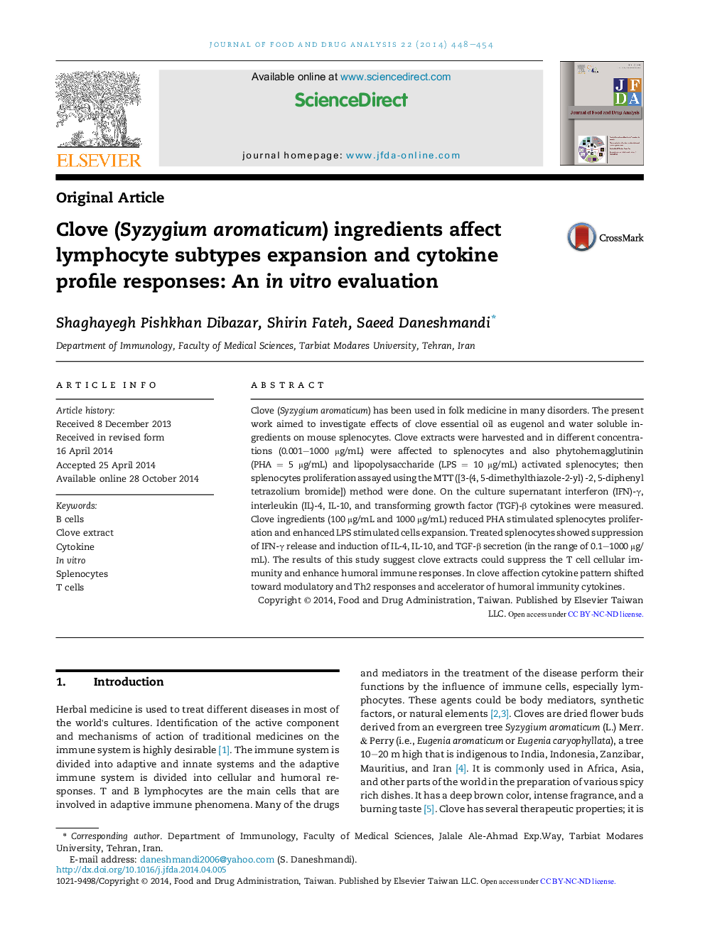 Clove (Syzygium aromaticum) ingredients affect lymphocyte subtypes expansion and cytokine profile responses: An in vitro evaluation