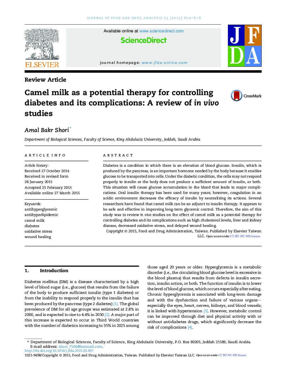 Camel milk as a potential therapy for controlling diabetes and its complications: A review of in vivo studies