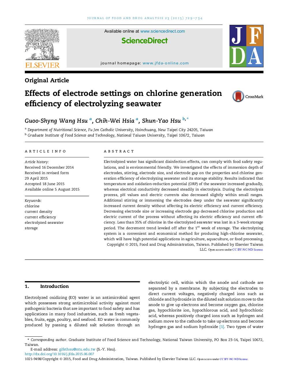 Effects of electrode settings on chlorine generation efficiency of electrolyzing seawater