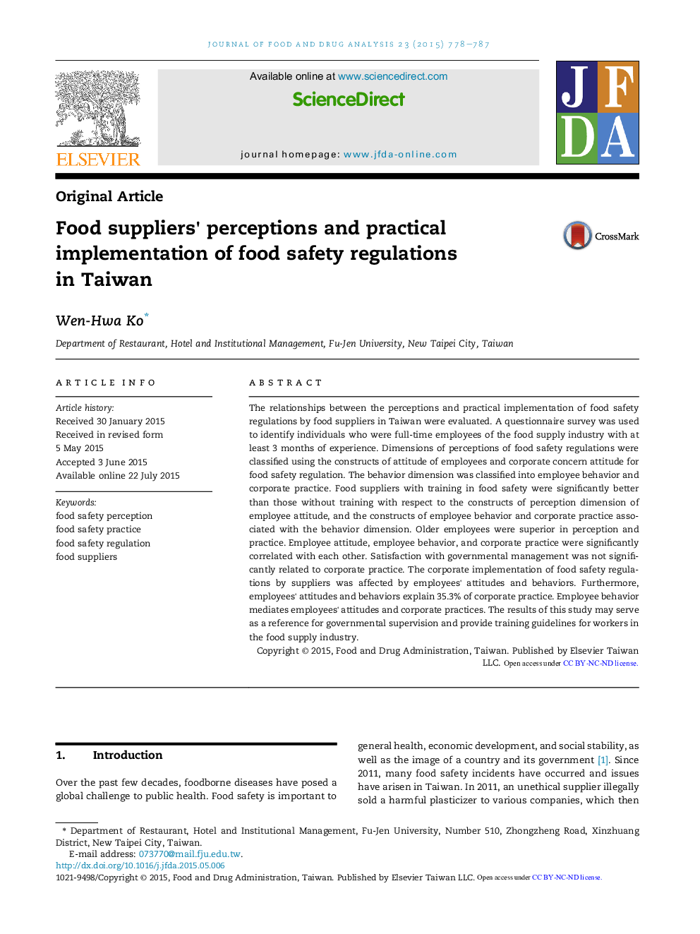 Food suppliers' perceptions and practical implementation of food safety regulations in Taiwan