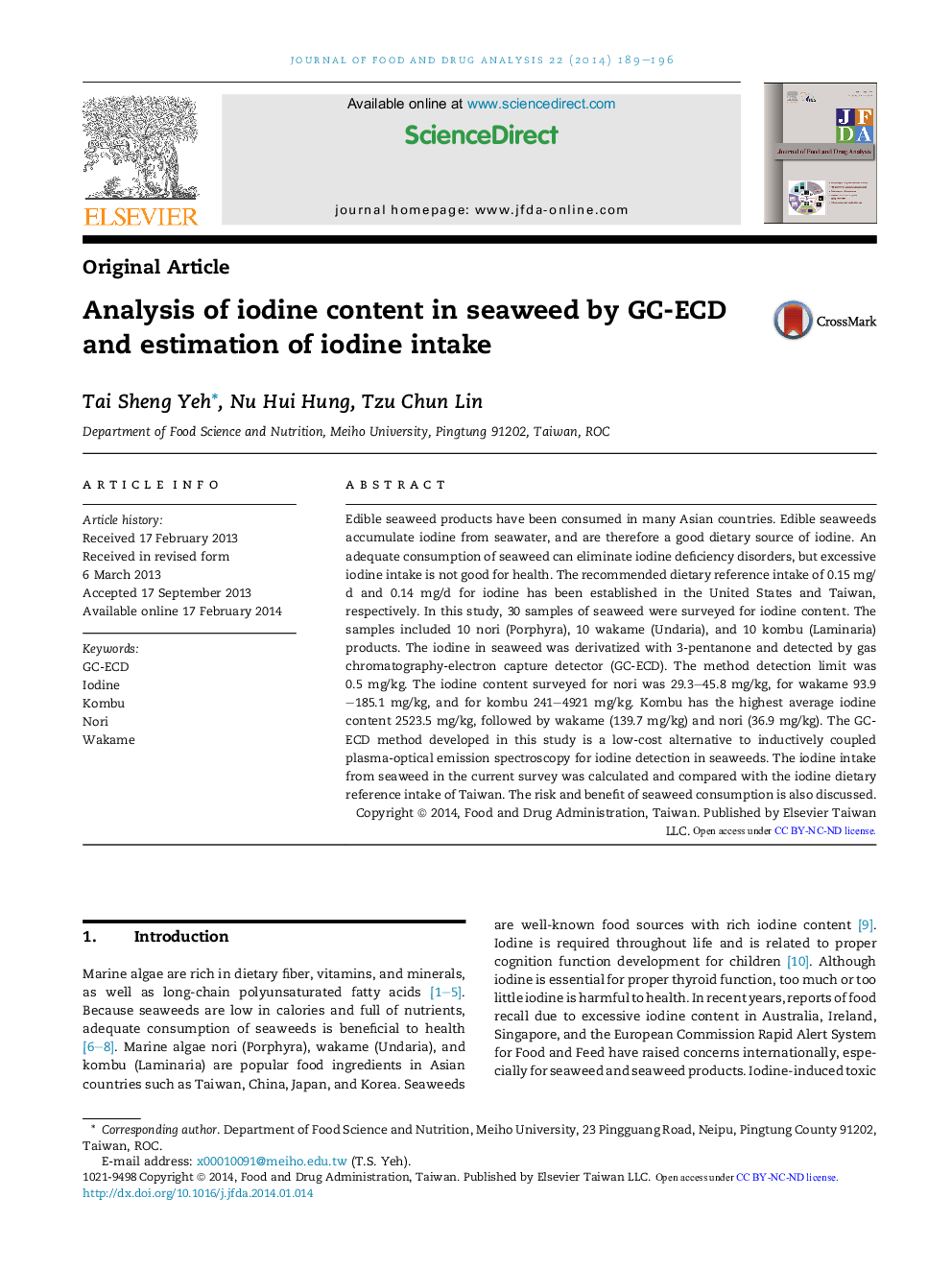 Analysis of iodine content in seaweed by GC-ECD and estimation of iodine intake