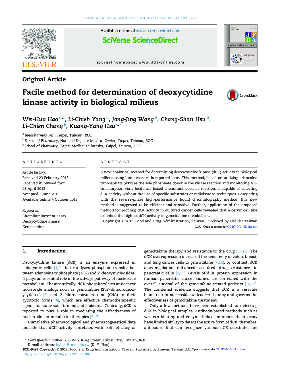 Facile method for determination of deoxycytidine kinase activity in biological milieus