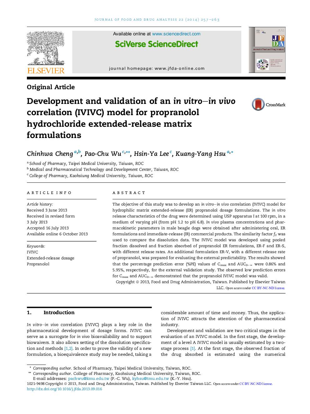 Development and validation of an in vitro–in vivo correlation (IVIVC) model for propranolol hydrochloride extended-release matrix formulations