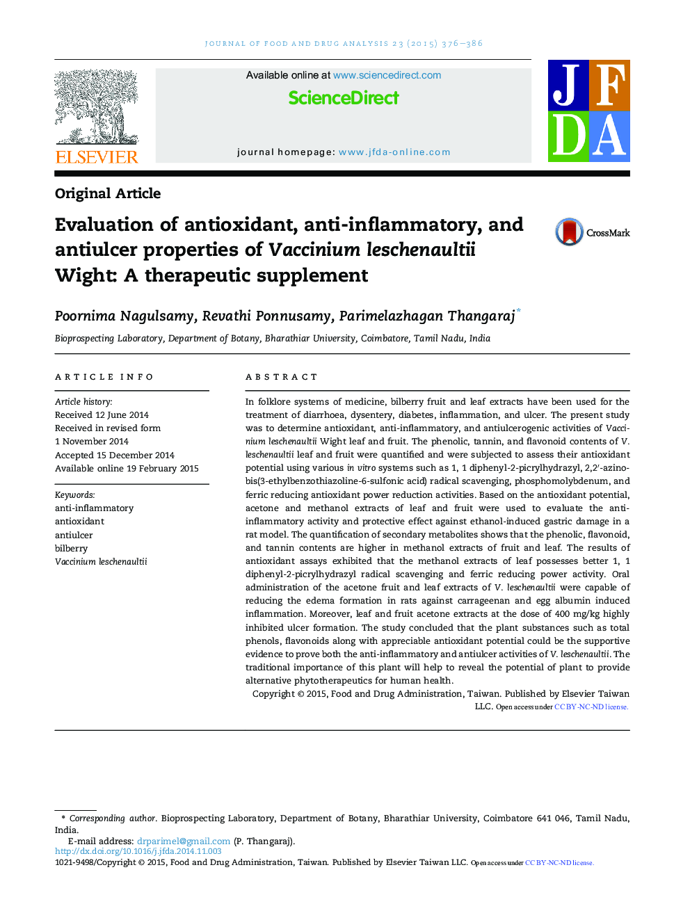 Evaluation of antioxidant, anti-inflammatory, and antiulcer properties of Vaccinium leschenaultii Wight: A therapeutic supplement
