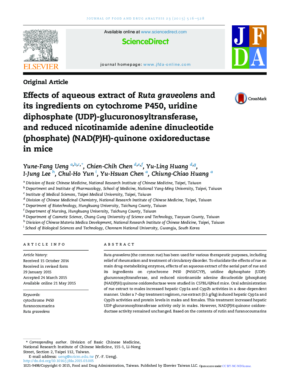 Effects of aqueous extract of Ruta graveolens and its ingredients on cytochrome P450, uridine diphosphate (UDP)-glucuronosyltransferase, and reduced nicotinamide adenine dinucleotide (phosphate) (NAD(P)H)-quinone oxidoreductase in mice