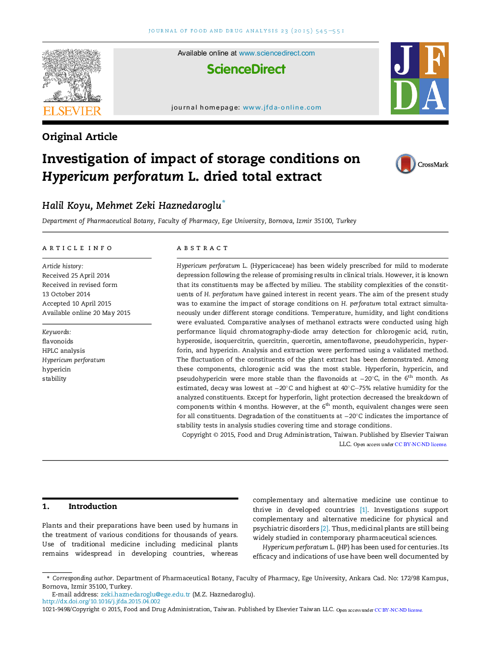 Investigation of impact of storage conditions on Hypericum perforatum L. dried total extract