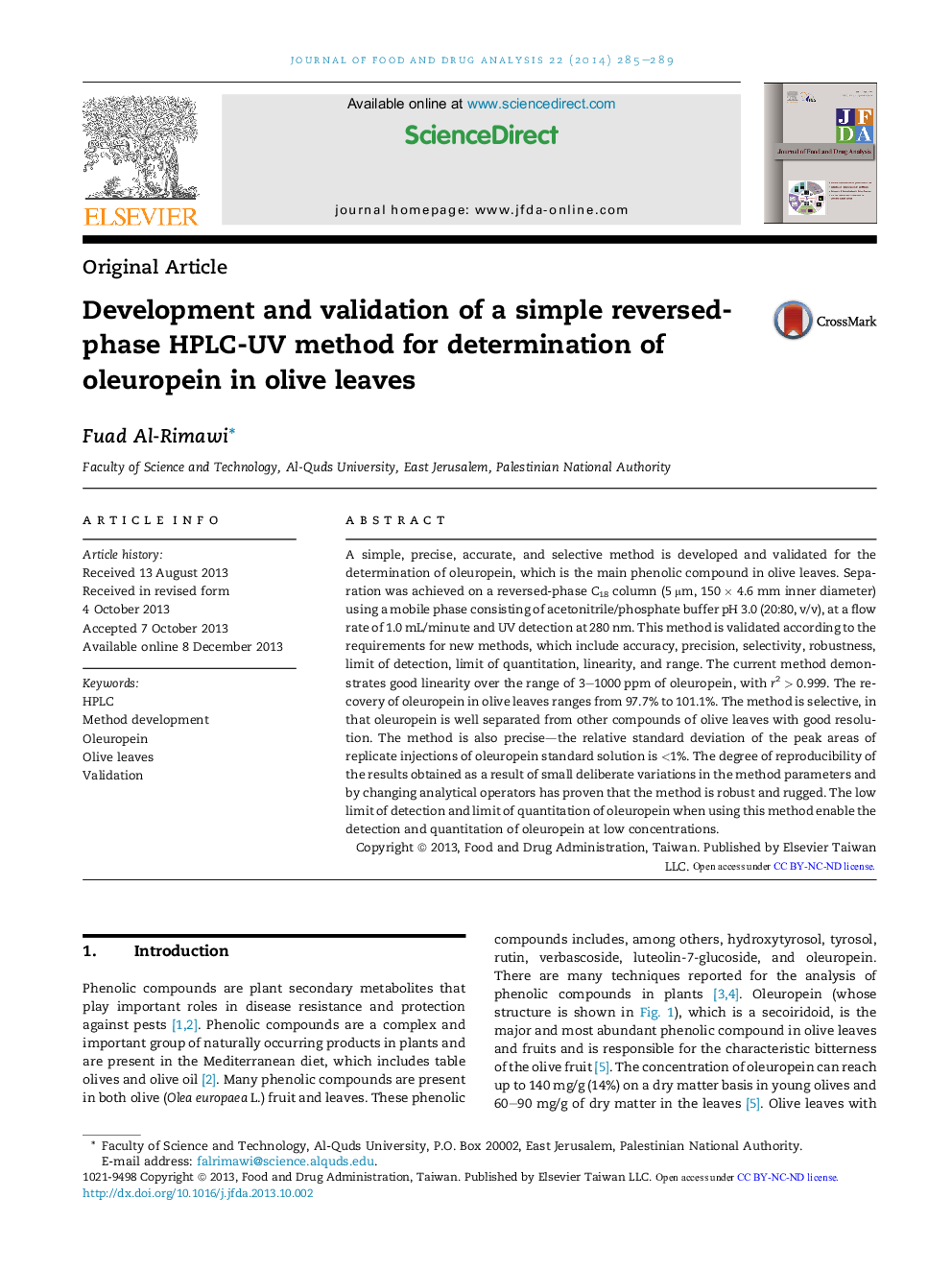 Development and validation of a simple reversed-phase HPLC-UV method for determination of oleuropein in olive leaves