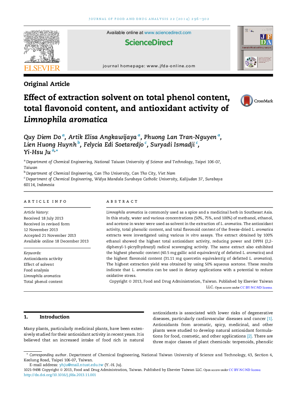 Effect of extraction solvent on total phenol content, total flavonoid content, and antioxidant activity of Limnophila aromatica