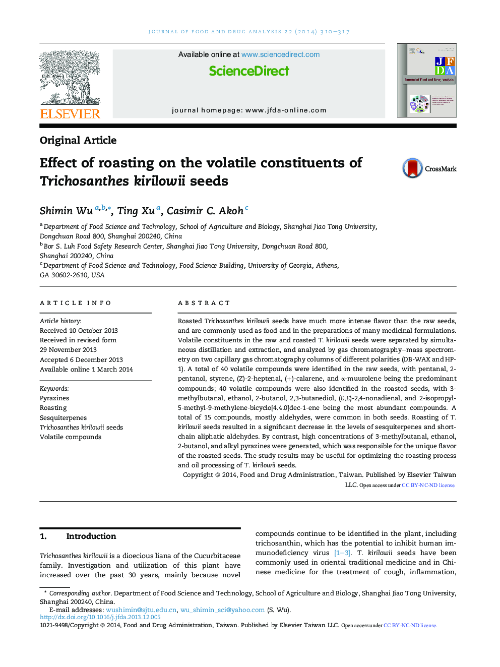 Effect of roasting on the volatile constituents of Trichosanthes kirilowii seeds