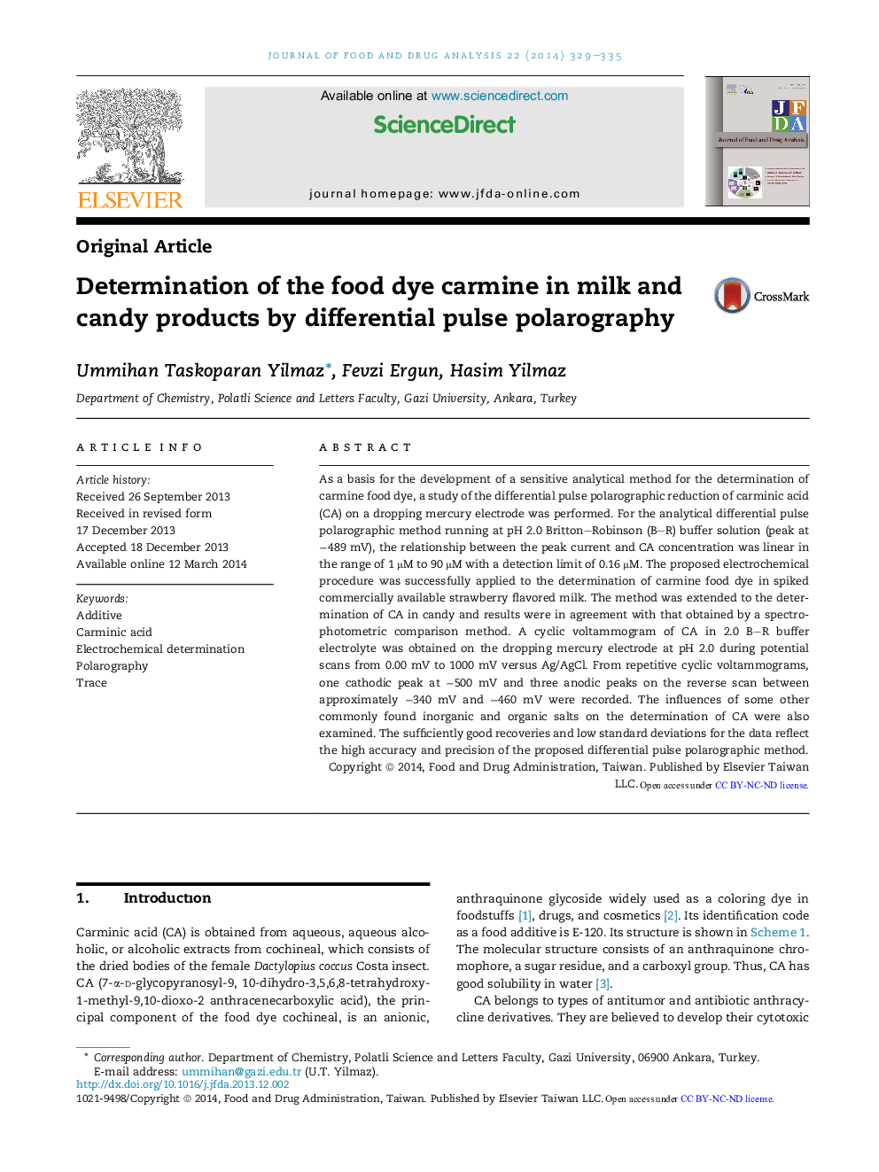 Determination of the food dye carmine in milk and candy products by differential pulse polarography