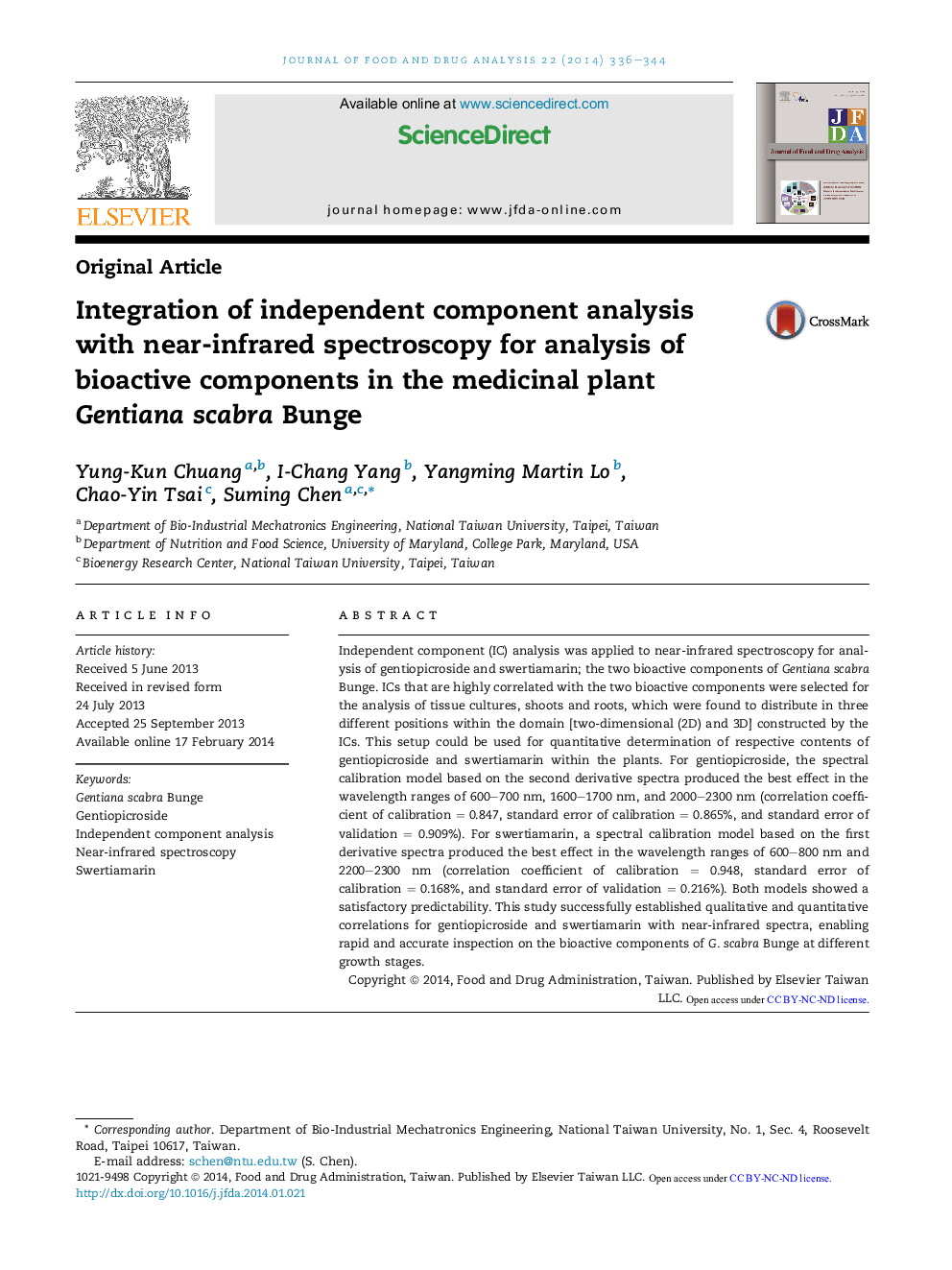 Integration of independent component analysis with near-infrared spectroscopy for analysis of bioactive components in the medicinal plant Gentiana scabra Bunge