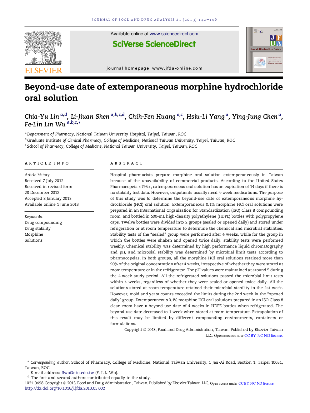 Beyond-use date of extemporaneous morphine hydrochloride oral solution