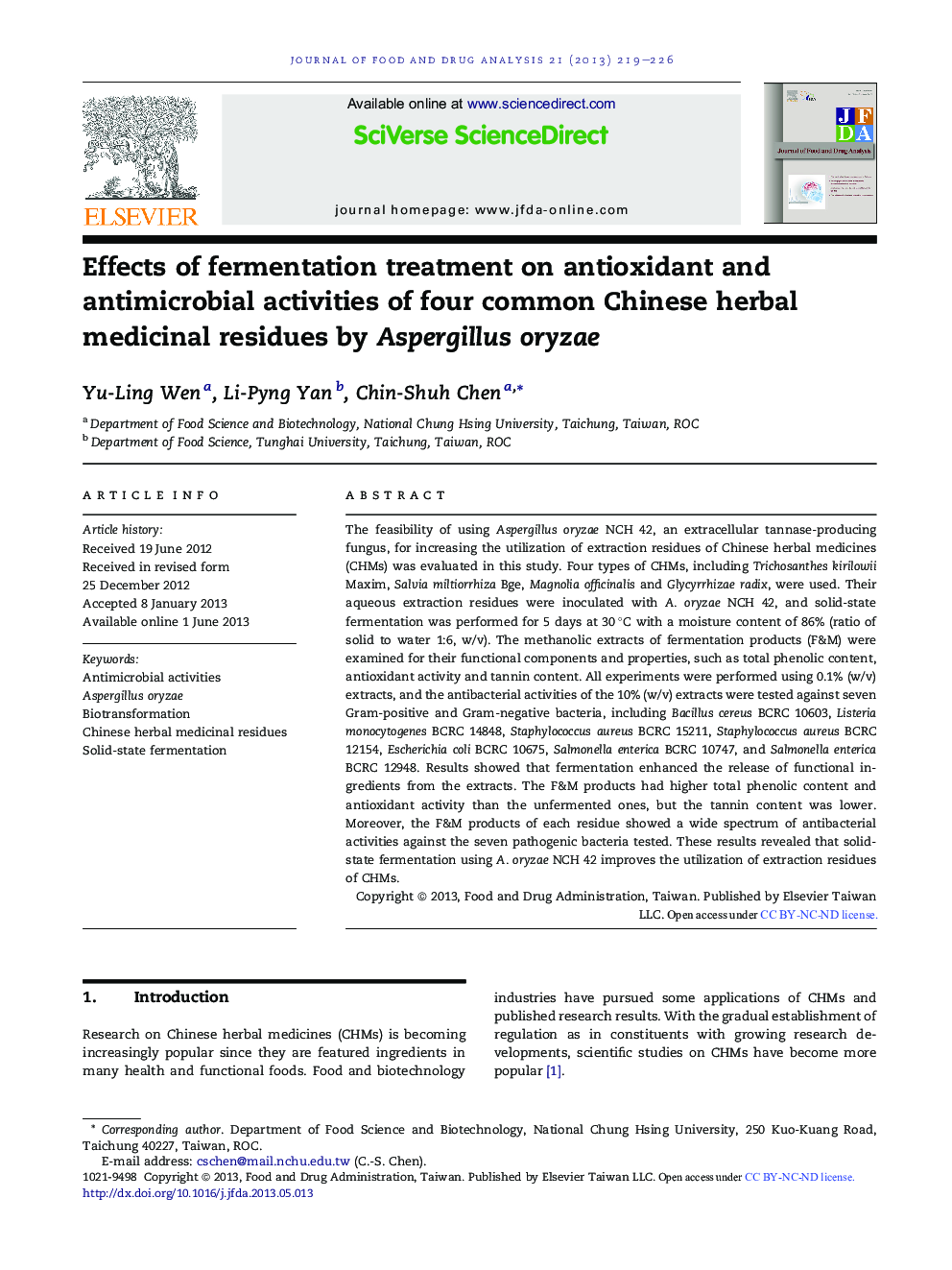 Effects of fermentation treatment on antioxidant and antimicrobial activities of four common Chinese herbal medicinal residues by Aspergillus oryzae