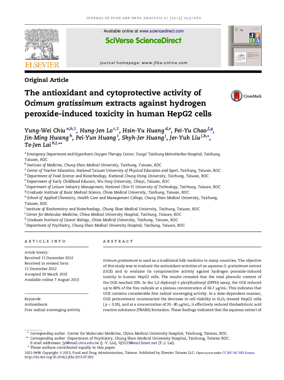 The antioxidant and cytoprotective activity of Ocimum gratissimum extracts against hydrogen peroxide-induced toxicity in human HepG2 cells