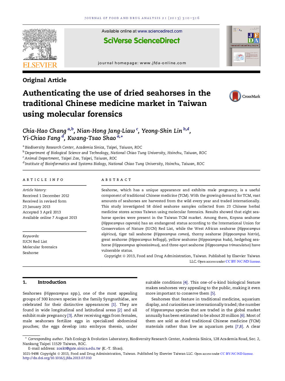 Authenticating the use of dried seahorses in the traditional Chinese medicine market in Taiwan using molecular forensics