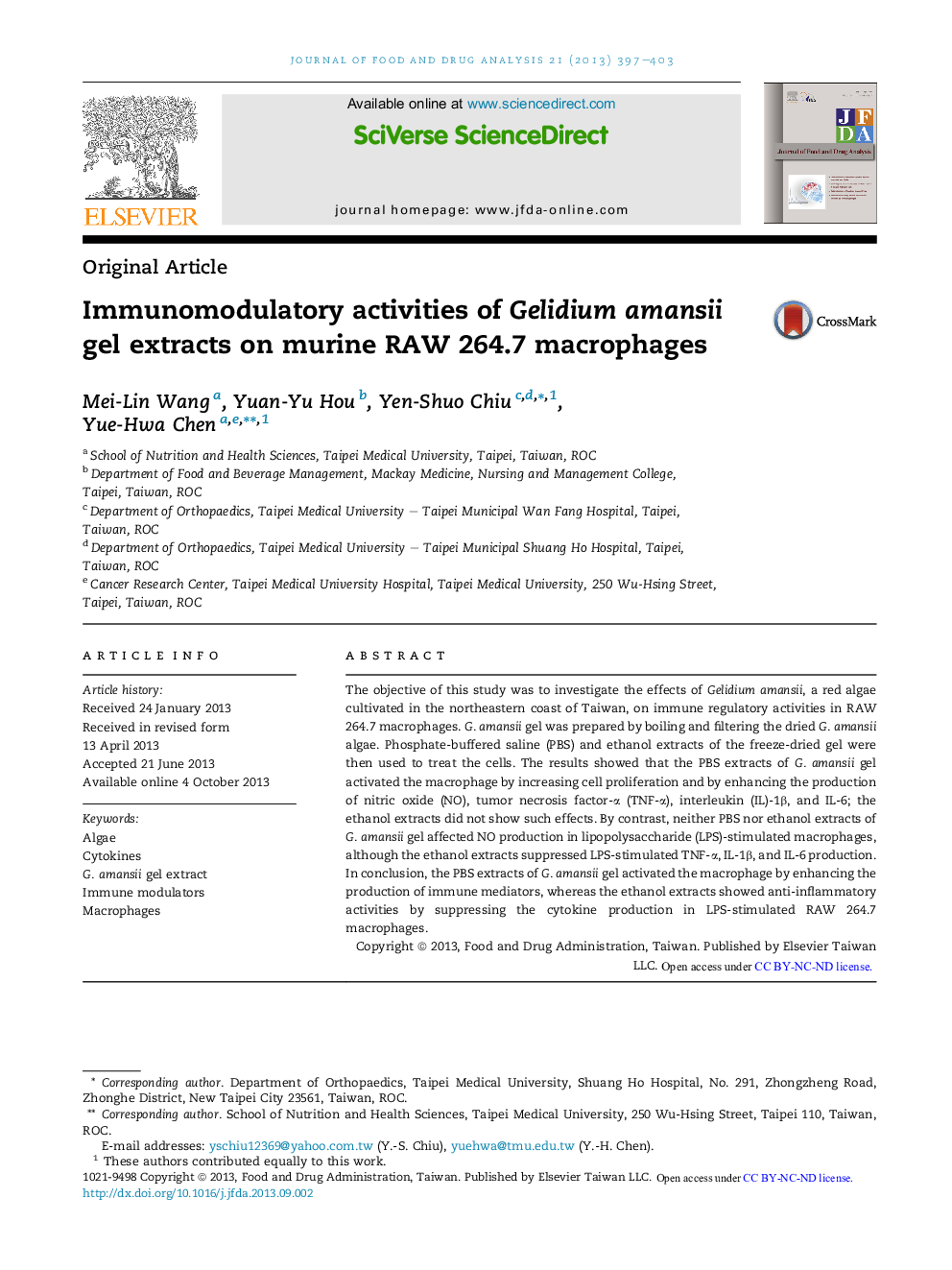 Immunomodulatory activities of Gelidium amansii gel extracts on murine RAW 264.7 macrophages