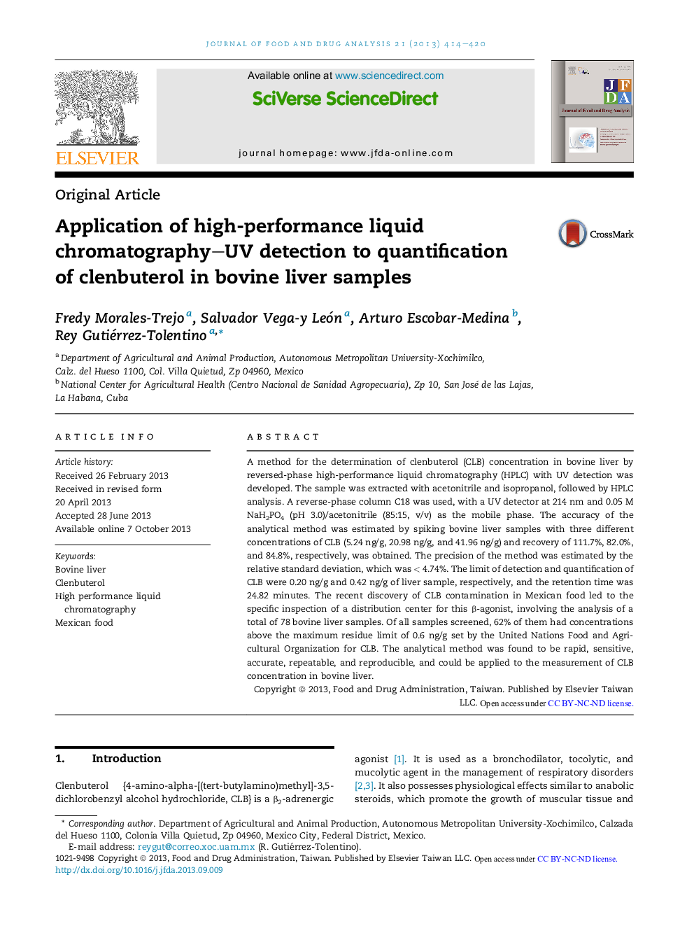 Application of high-performance liquid chromatography–UV detection to quantification of clenbuterol in bovine liver samples