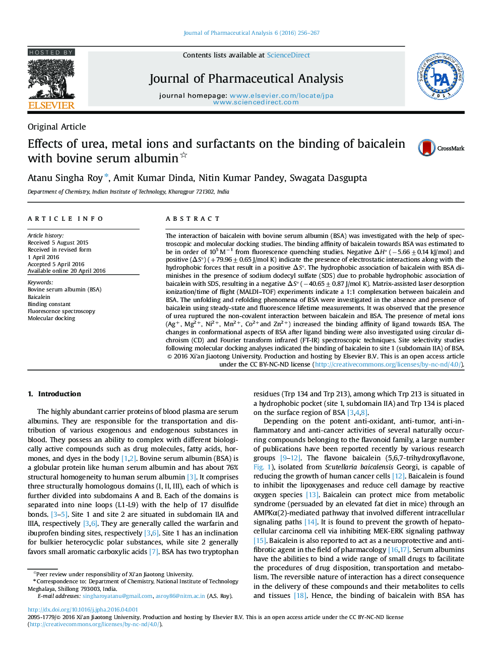 Effects of urea, metal ions and surfactants on the binding of baicalein with bovine serum albumin 