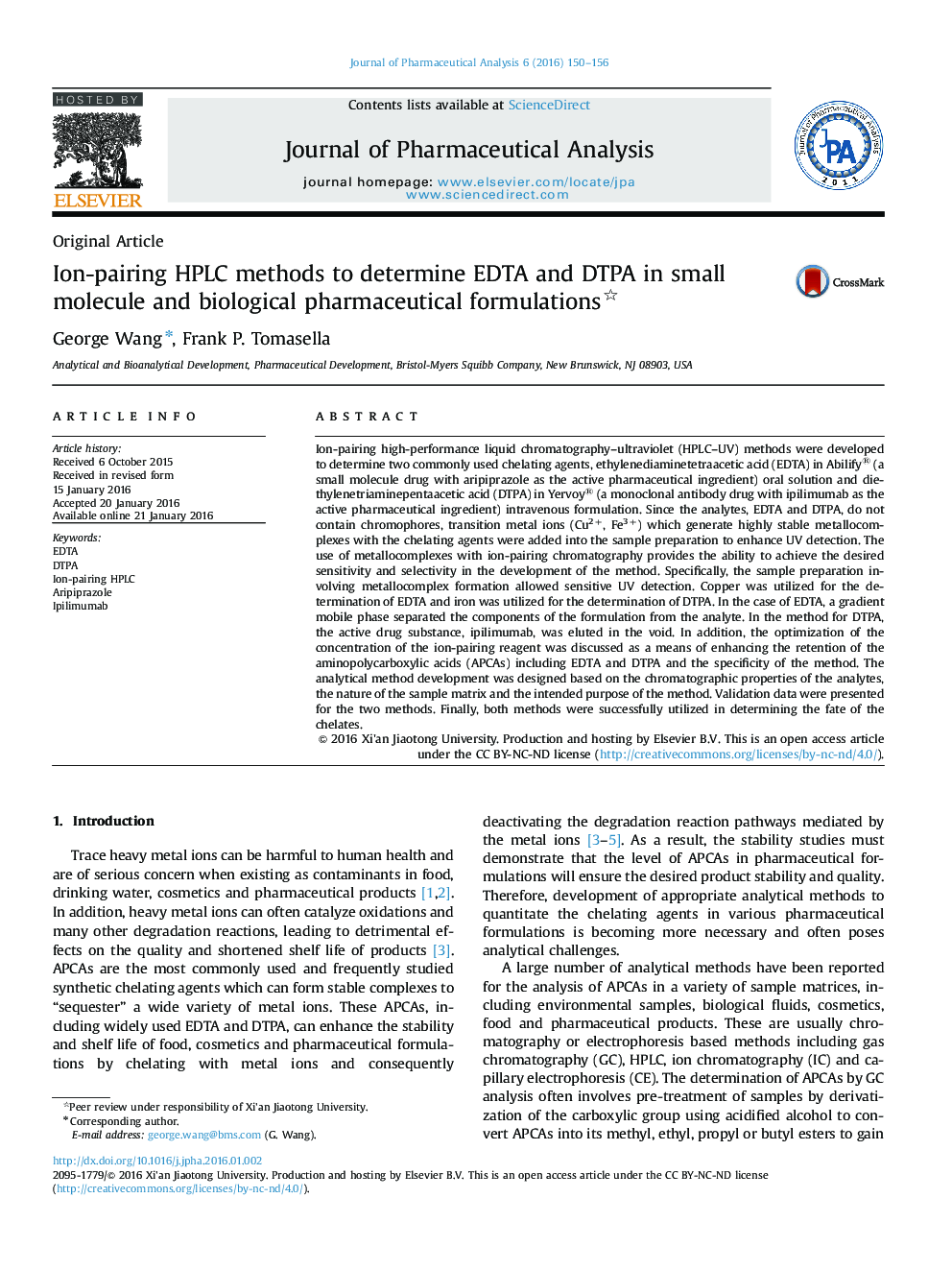 Ion-pairing HPLC methods to determine EDTA and DTPA in small molecule and biological pharmaceutical formulations 