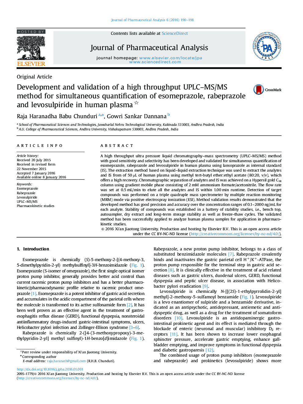 Development and validation of a high throughput UPLC–MS/MS method for simultaneous quantification of esomeprazole, rabeprazole and levosulpiride in human plasma 