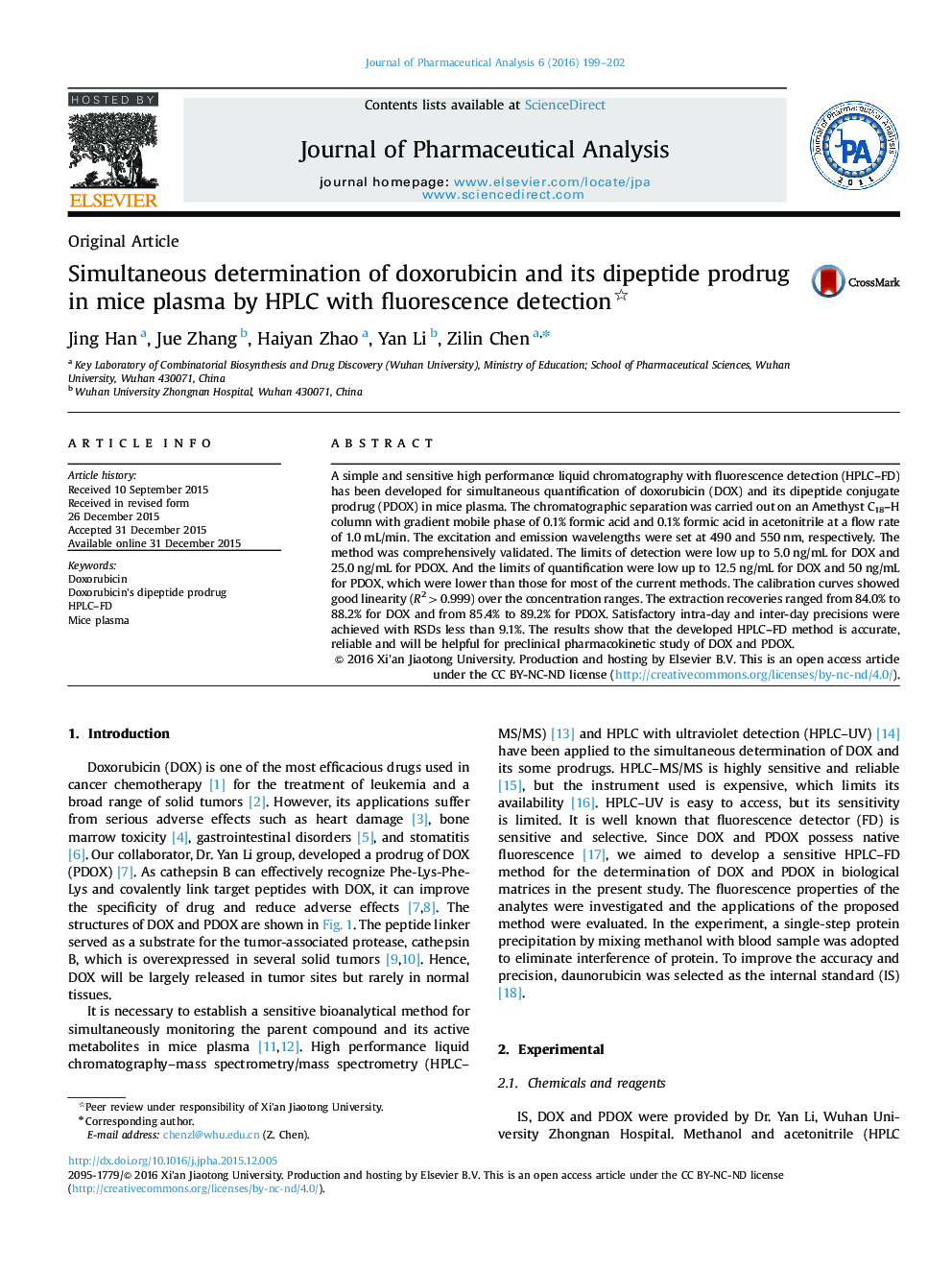 Simultaneous determination of doxorubicin and its dipeptide prodrug in mice plasma by HPLC with fluorescence detection 