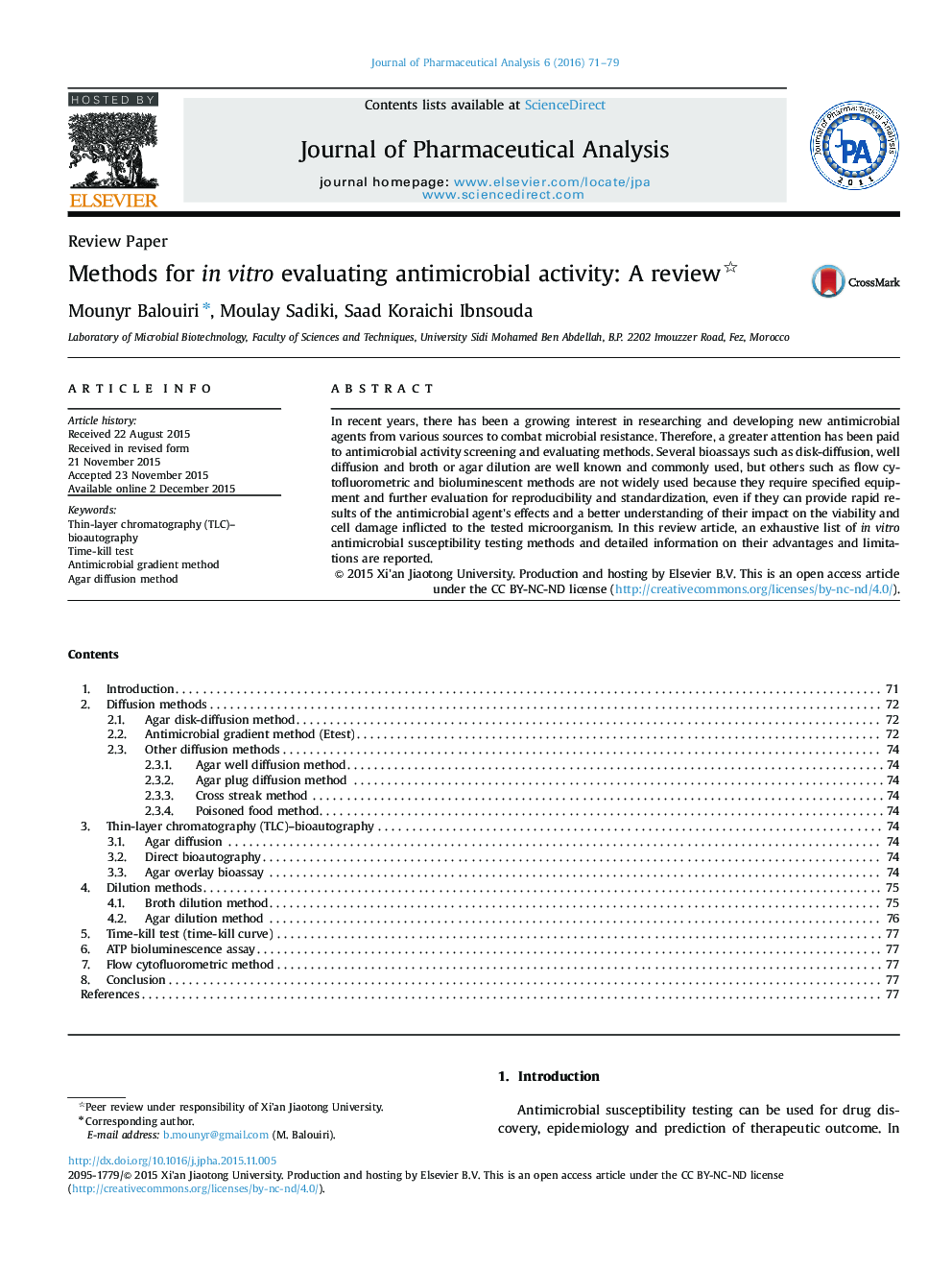 Methods for in vitro evaluating antimicrobial activity: A review 