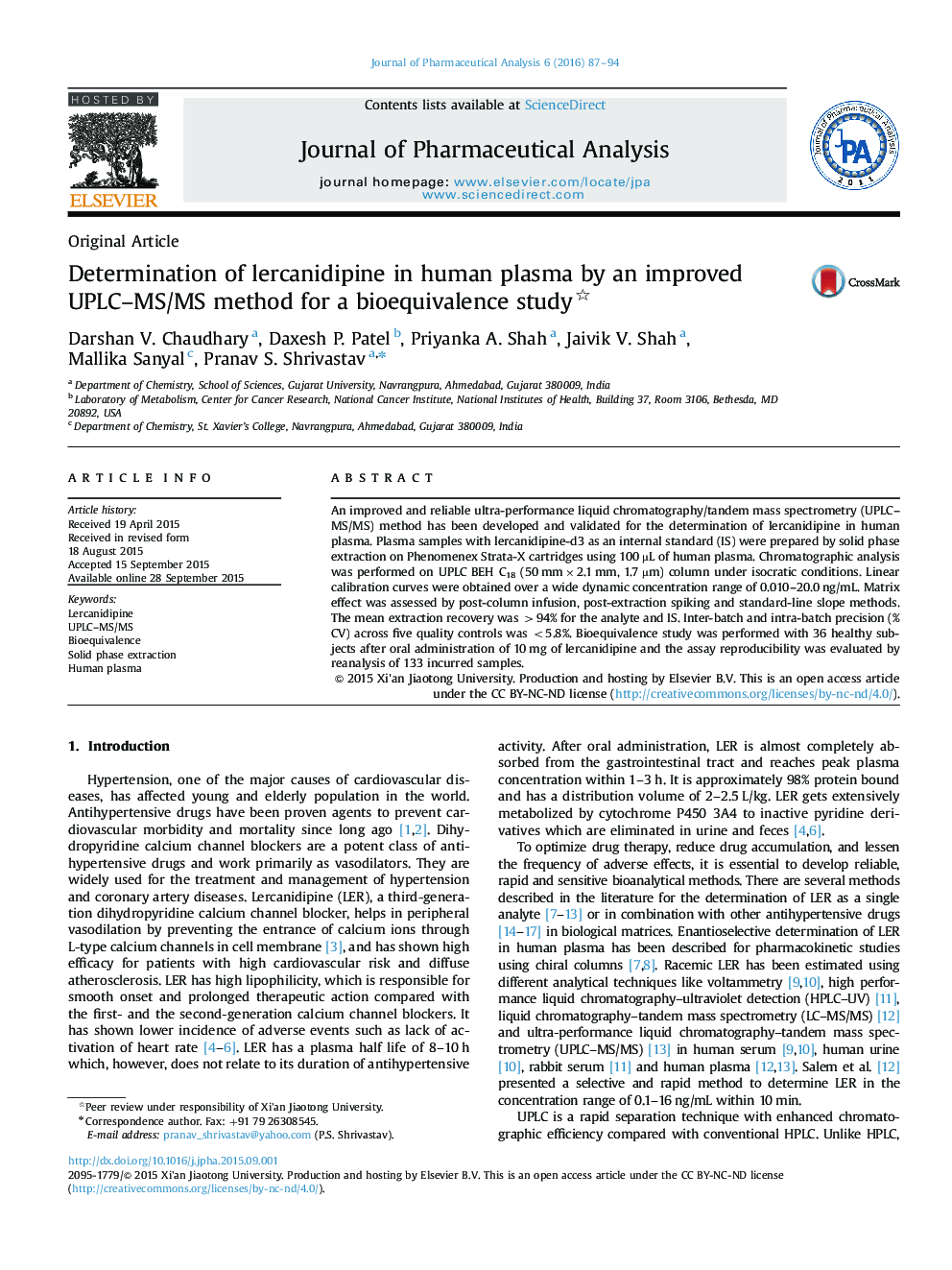 Determination of lercanidipine in human plasma by an improved UPLC–MS/MS method for a bioequivalence study 