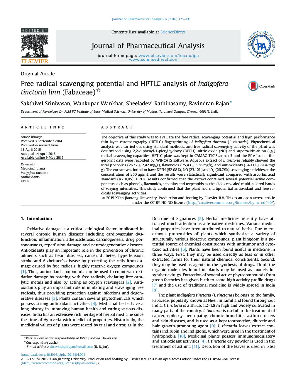 Free radical scavenging potential and HPTLC analysis of Indigofera tinctoria linn (Fabaceae) 