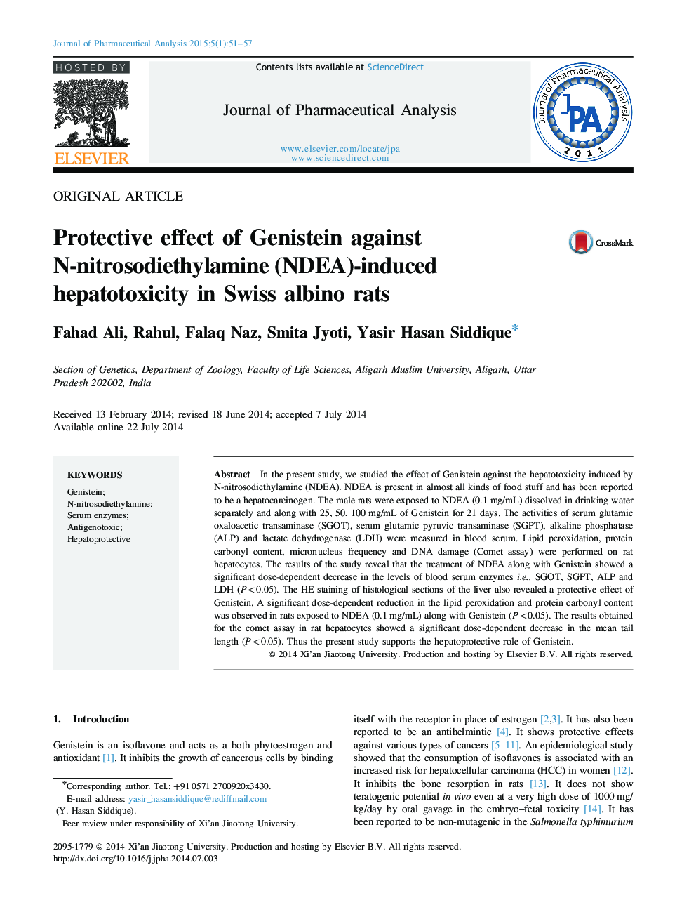 Protective effect of Genistein against N-nitrosodiethylamine (NDEA)-induced hepatotoxicity in Swiss albino rats 