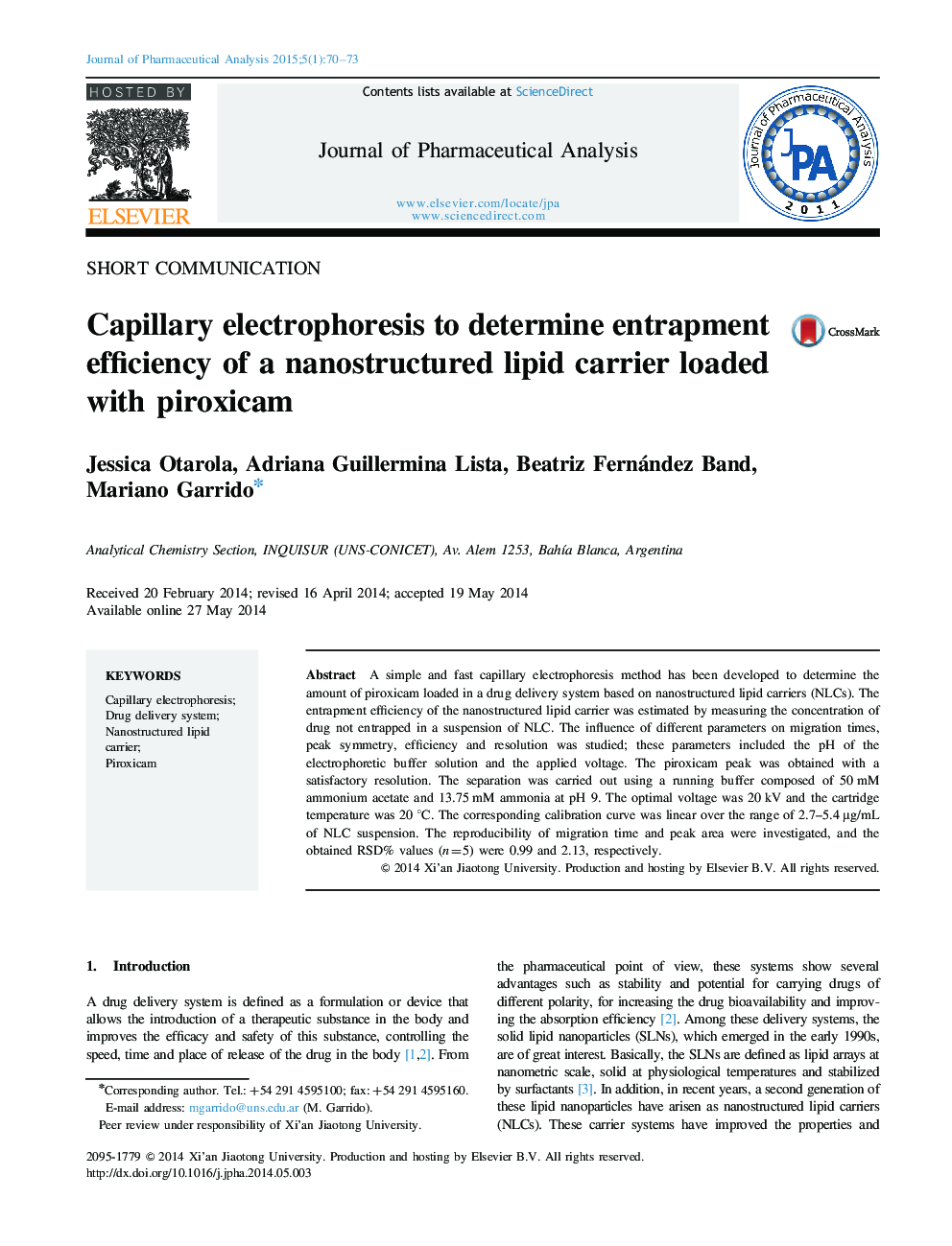 Capillary electrophoresis to determine entrapment efficiency of a nanostructured lipid carrier loaded with piroxicam 