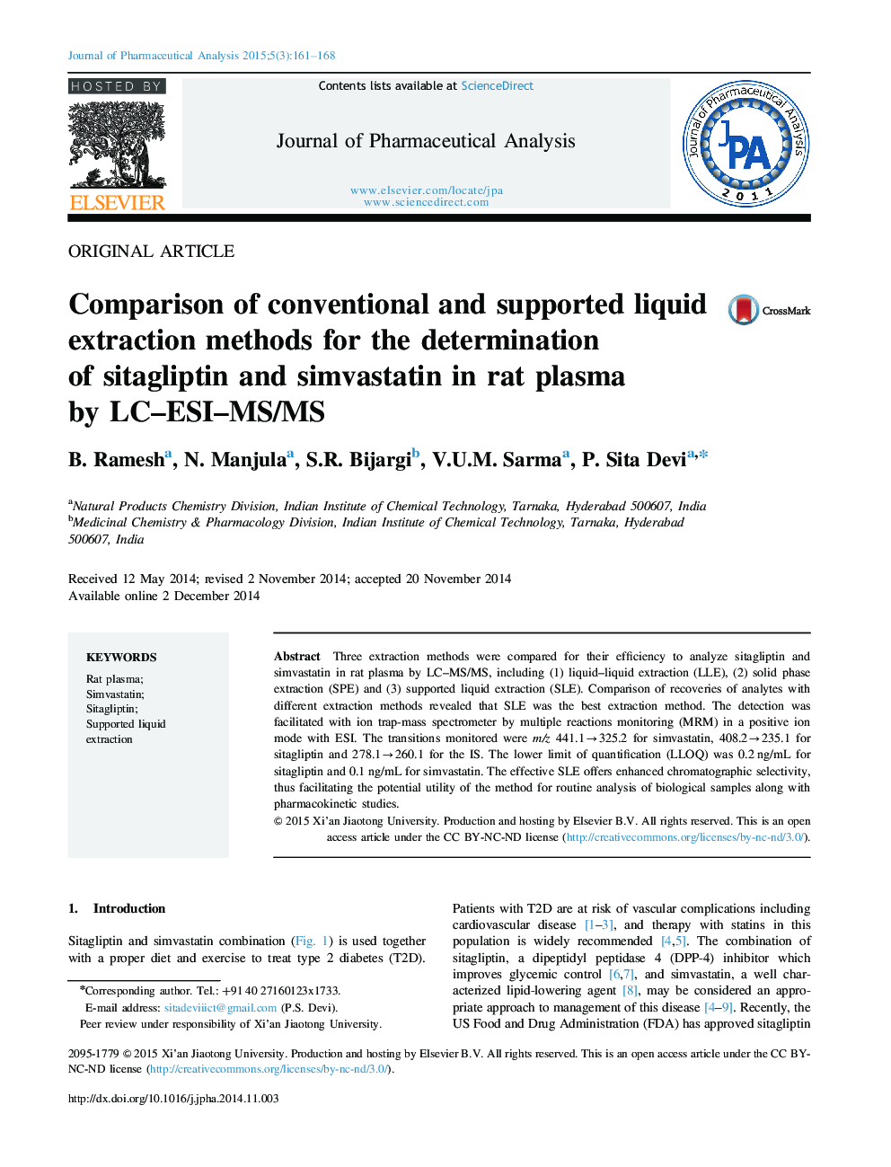 Comparison of conventional and supported liquid extraction methods for the determination of sitagliptin and simvastatin in rat plasma by LC–ESI–MS/MS 