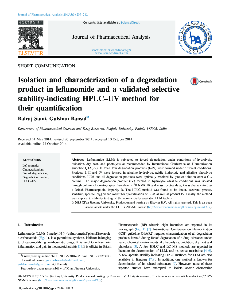 Isolation and characterization of a degradation product in leflunomide and a validated selective stability-indicating HPLC–UV method for their quantification 