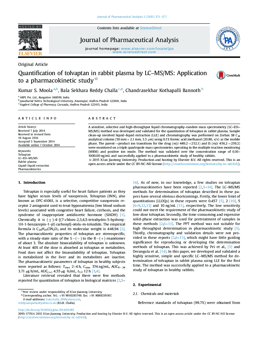 Quantification of tolvaptan in rabbit plasma by LC–MS/MS: Application to a pharmacokinetic study 