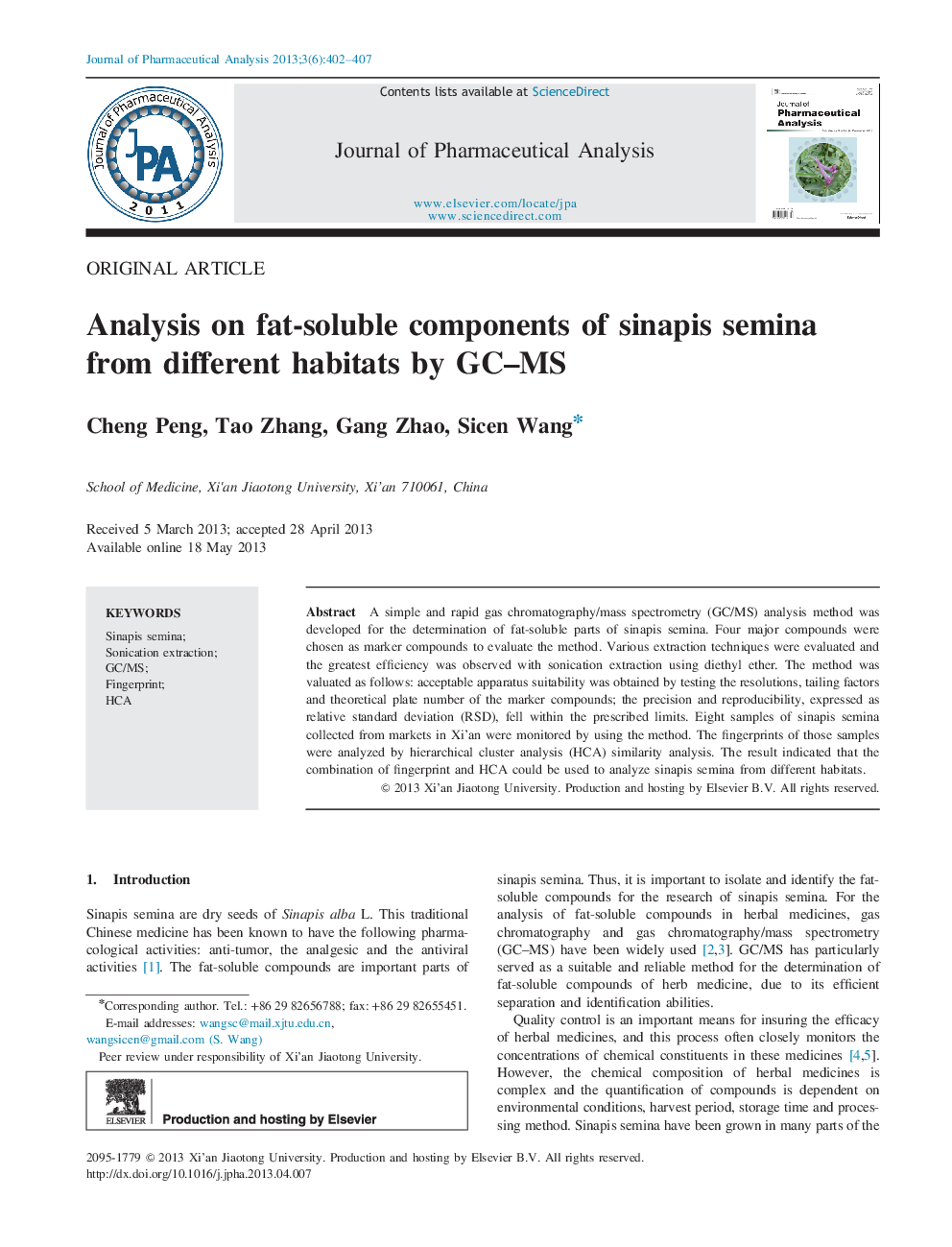 Analysis on fat-soluble components of sinapis semina from different habitats by GC–MS 