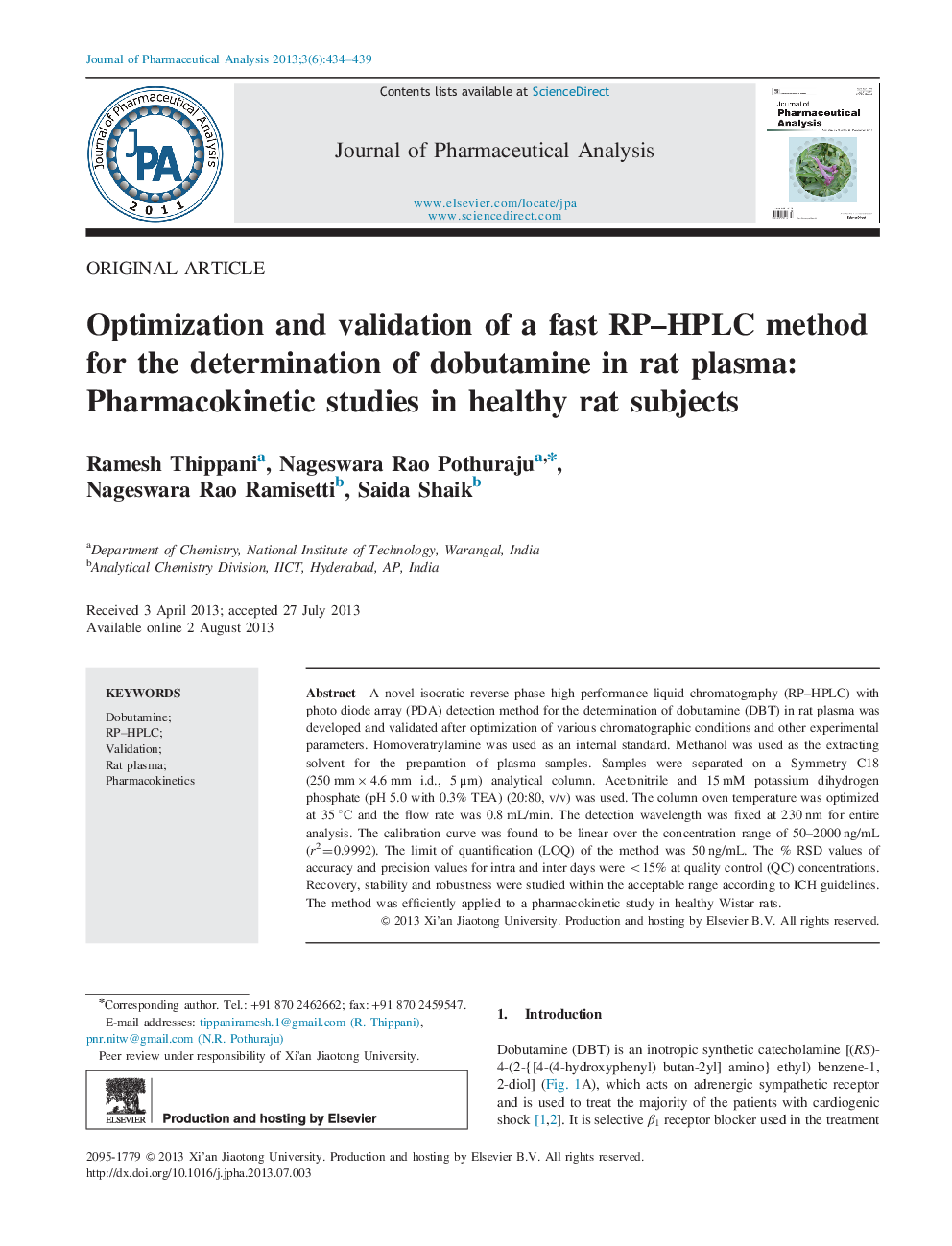 Optimization and validation of a fast RP–HPLC method for the determination of dobutamine in rat plasma: Pharmacokinetic studies in healthy rat subjects 