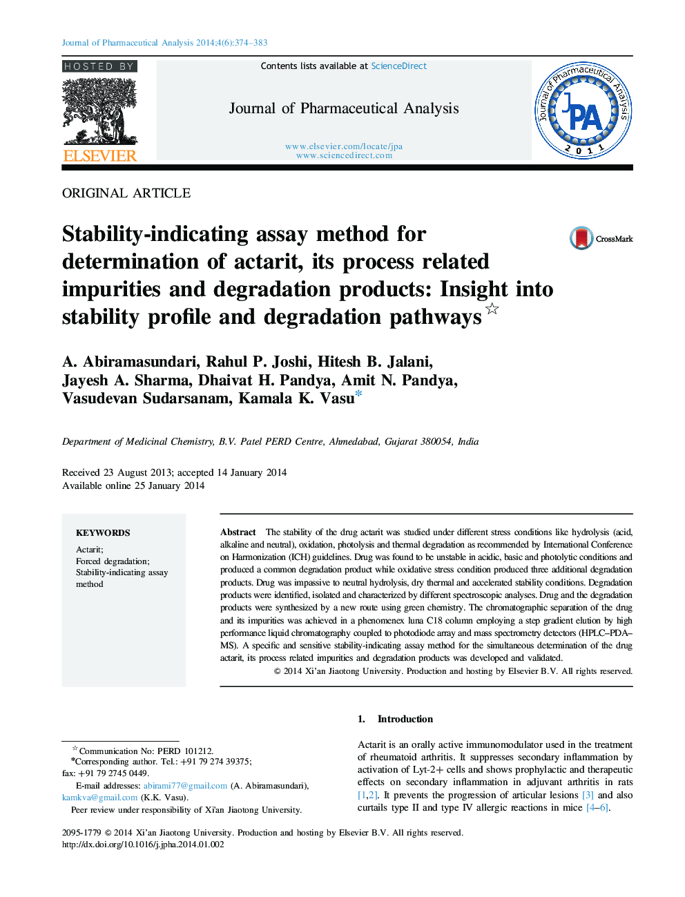 Stability-indicating assay method for determination of actarit, its process related impurities and degradation products: Insight into stability profile and degradation pathways